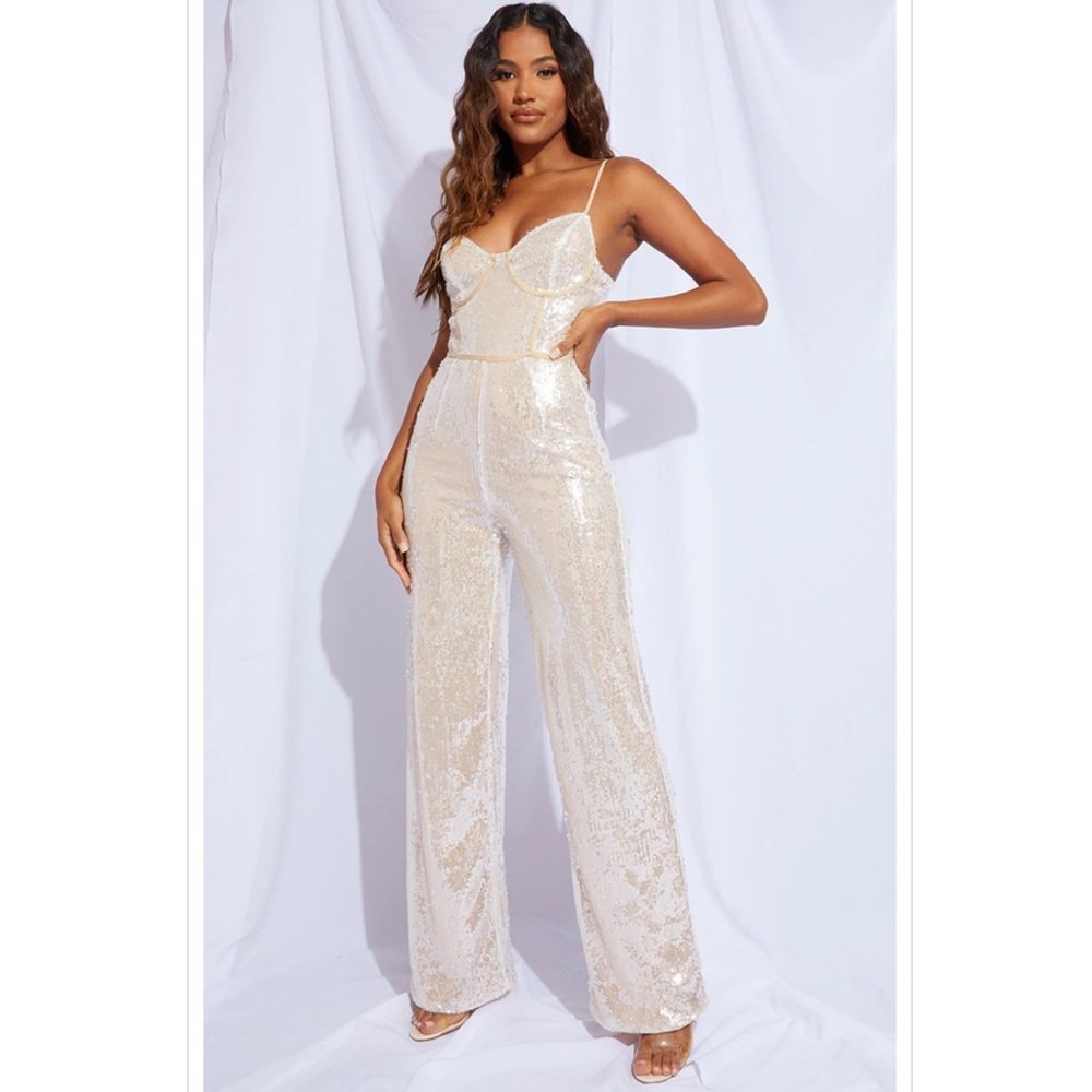 NWT Champagne Sequin Binding Detail Strappy Jumpsuit